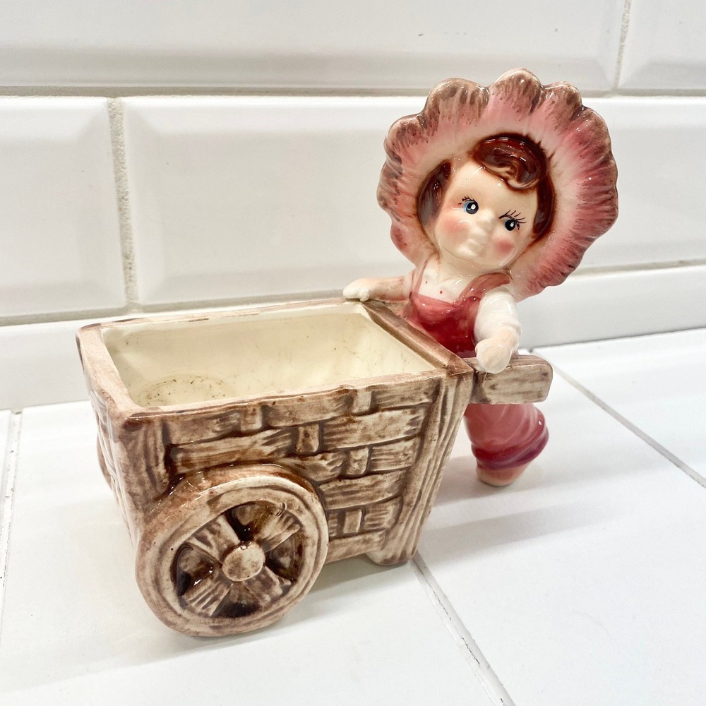 Vintage Ceramic Girl Pushing Wheelbarrow Planter Pink Sun Hat Kitsch Decor